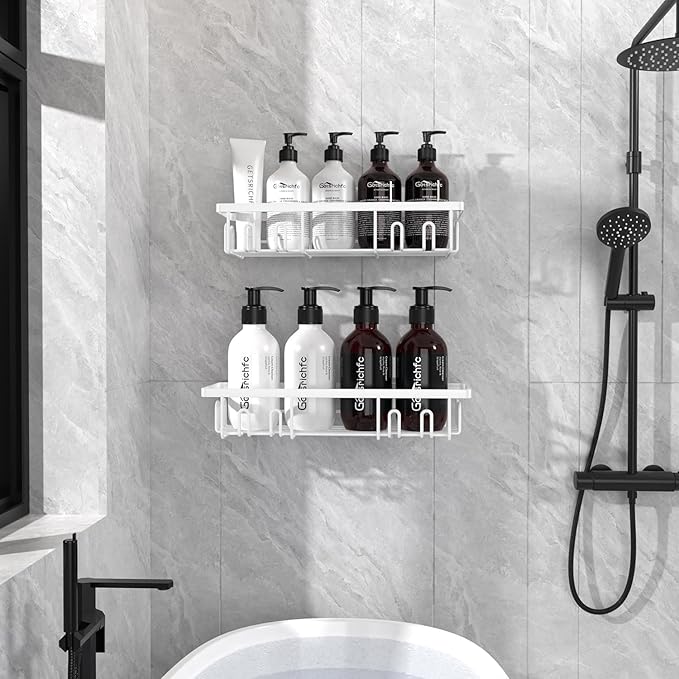 2025 New Adhesive Shower Caddy, Shower Shelves with 16 Hooks, White 2 Pack