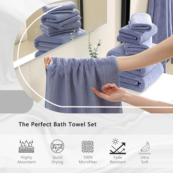 18 Piece Bath Towels Set,Soft Family Bathroom Towel Set with Hanging Loops-6 Bath Towels,6 Hand Towels,6 Washcloths,Highly Absorbent Quick Dry Shower Towel for Bathroom,Hotel,Spa-Wedgewood Towel Set