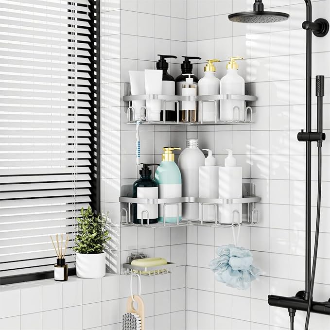 Moforoco Corner Shower Caddy Shelf Organizer Rack, Self Adhesive Black Bathroom Shelves Basket, Home Farmhouse Wall Inside Organization and Storage Decor Rv Accessories, Apartment Essentials