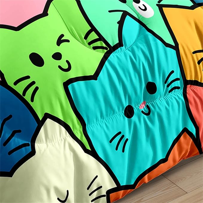 Cat Twin Comforter Set for Bedroom - 2Pcs Lovely Bedding Set Cute Cat Patterns for Girls Boys Kids Warm Soft Breathable Cats Comforter with 1 Pillowcase, Twin Size