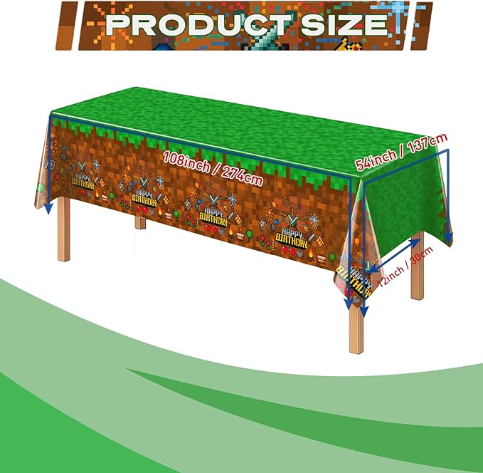 8Pcs Pixel Miner Party Decorations Tablecloth, 54" x 108" Gamer Birthday Tablecloth Disposable Plastic Pixel Gaming Birthday Decorations Table Cover for Kids Gamer Party Supplies