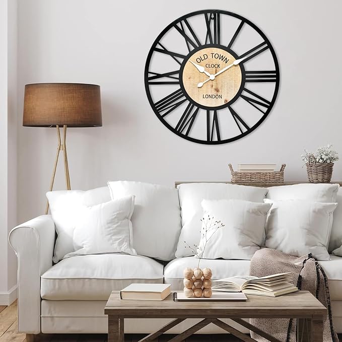 Large Old Town Wall Clock - Decorative Antique 24-inch Silent Non Ticking Clock for Farmhouse, Dining Room, Bedroom, Kitchen - Black Metal and Wood Clocks