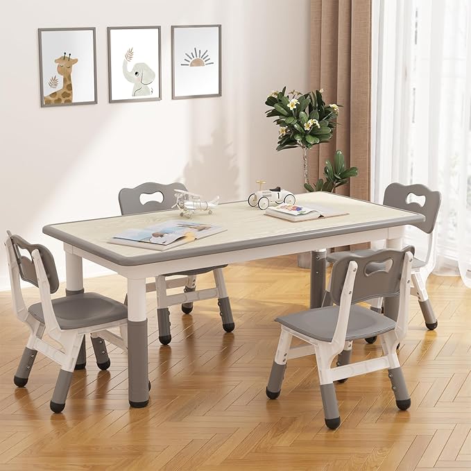 GarveeHome Kids Table and 4 Chairs Set, Height Adjustable Toddler Table and Chair Set for 4, Graffiti Desktop, Non-Slip Children Table for Home Daycare Preschool for Ages 2-8, Grey