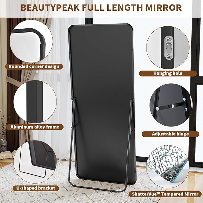 BEAUTYPEAK Black Full Length Mirror, 56"x21" Rounded Corner Floor Mirror Standing Hanging or Leaning Against Wall, Suitable for Bedroom or Dressing Room