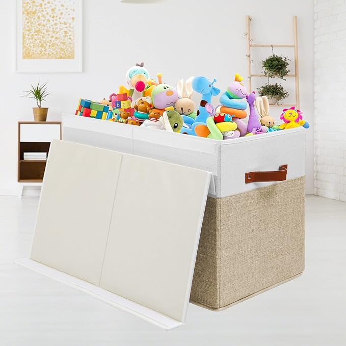 Large Toy Storage Box with Lid, Sturdy Toys Storage Chest Bin Organizer Basket with Dividers for Kids, Boys, Girls, Nursery, Closet, Bedroom, Playroom 25"x13" x16" (Beige and White)