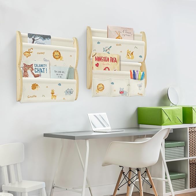 Wooden Wall Mounted Bookshelf for Kids Rooms, 4 Tier Floating Nursery Book Shelf, Kids Bookshelf with 2 Pockets, Toddler Sling Book Rack with Deep Sleeves (Jungle Animals)
