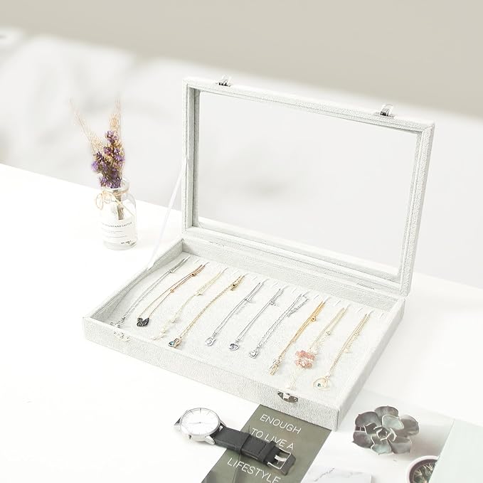 Coward 20 Hooks Necklace Organizer Jewelry Box, Grey Beige Velvet Necklace Display Tray Case with Transparent Glass Lid for Home Use or Store Selling Show