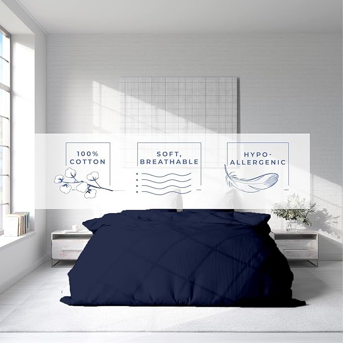 Kotton Culture 3 Pc King Size Duvet Cover Set- 100% Egyptian Cotton Sateen 600 Thread Count Ultra Soft Premium Durable Comforter Cover Zipper Closure & Corner Ties (Navy Blue, King 102"x94")