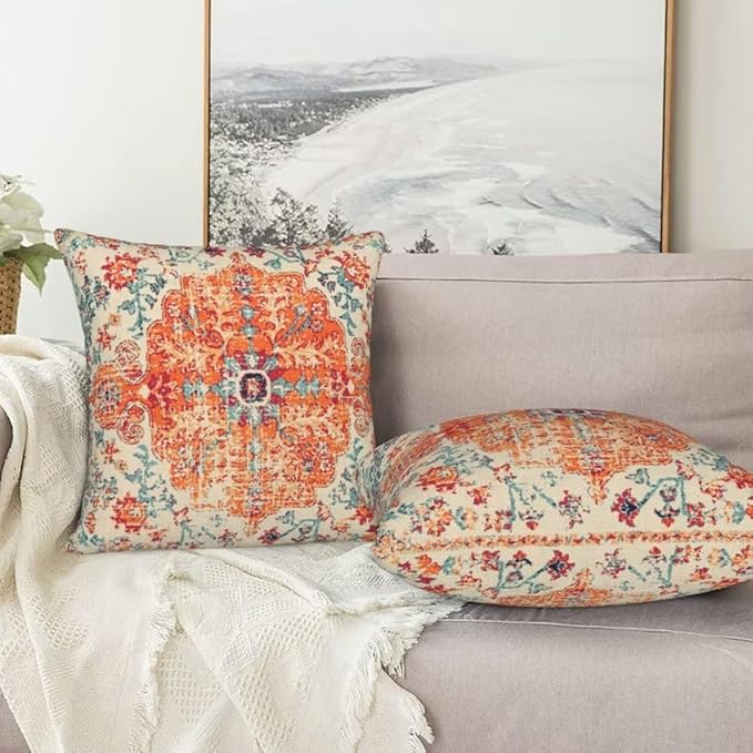 Boho Throw Pillow Covers 20 x 20 Set of 2, Orange Blue Carpet Pattern Pillow Covers Ethnic Design Rustic Farmhouse Cushion Cases Linen Decorative Gifts for Couch Sofa Indoor Outdoor