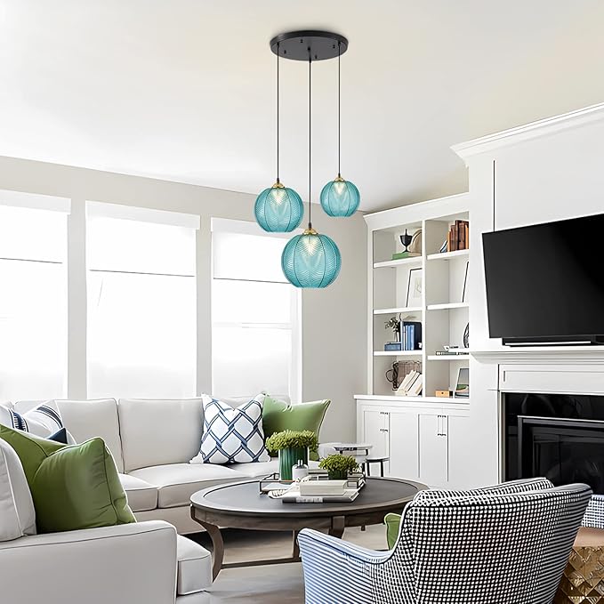 KCO Lighting Modern 3-Light Blue Striped Glass Pendant Light Fixture Nordic Glass Ball Cluster Chandelier Vintage Large Globe Pendant Lighting Mid-Century Black Island Light for Kitchen