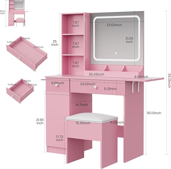 Vanity Desk with Mirror and Lights, Pink Makeup Vanity with Charging Station, Dressing Table Set with Storage Chair, Drawer Shelves, and Foldable Panel for Compact Space Bedroom, Pink