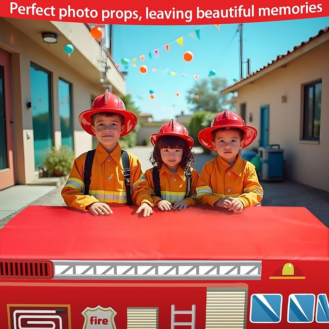 4Ft Fire Truck Birthday Party Tablecloth, Firefighter Party Decorations, Red 48" x 30" Polyester Rectangular Tablecloth for Kids Boys Firefighter Firetruck Theme Parties