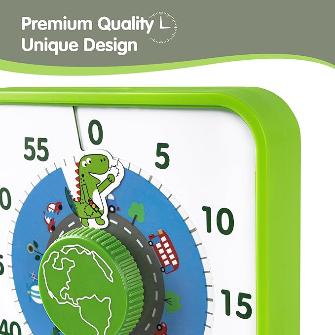 TWENTY5 SEVEN Countdown Timer 7.5 inch, 60 Minute 1 Hour Visual Timer for Classroom Teaching Tool Office Meeting, Mechanical Countdown Clock for Kids Exam Time Management Magnetic, Green Dinosaur