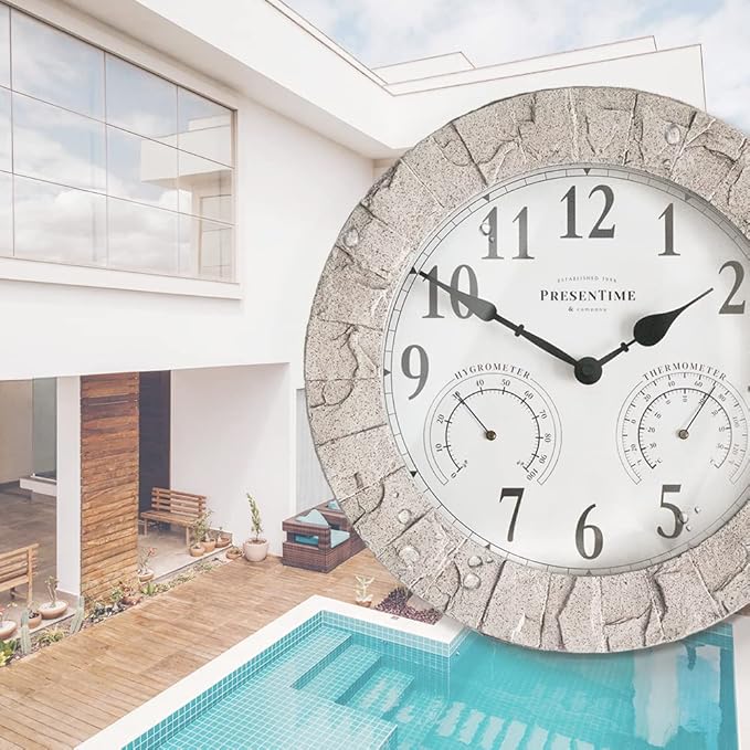 Presentime & Co Sandstone Outdoor Clock with Thermometer & Hygrometer as All in one Weather Station, 14", Coastal Sandstone Finish. Weather Thermometer, Outdoor Décor, Wall Décor.
