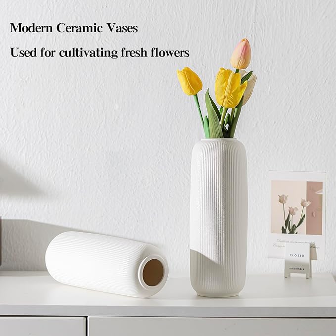White Ceramic Vases for Flowers, 9.8 INCH Modern Small Ribbed Textured White Flower Vase for Home Decor, Pampas Grass, Decorative, Farmhouse, Coffee Table, Bookshelf and Home Living