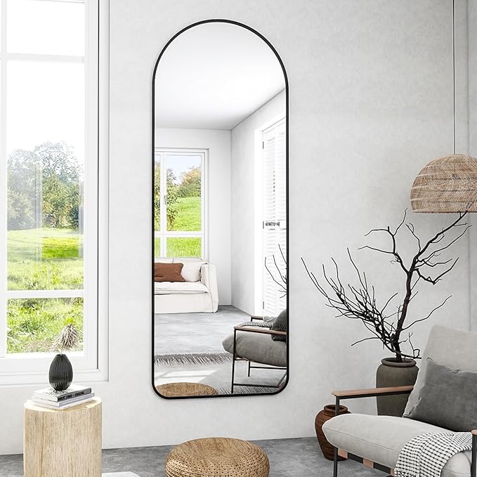 OGCAU Full Length Mirror, Arched Floor Mirror Full Length, 65"x22" Arch-Top Freestanding Body Mirror, Rounded Coner Large Wall Mirror with Aluminum Alloy Frame, Hanging or Leaning for Bedroom (Black)