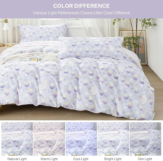 SAPHREAS Cute Rabbit Printed Duvet Cover Set Full Lovely Bunny Duvet Cover 3pcs Yellow Tulip Purple Dandelion Botanical Bedding Comforter Cover Set 100% Cotton 1 Duvet Cover 80"x90" 2 Pillow Shams