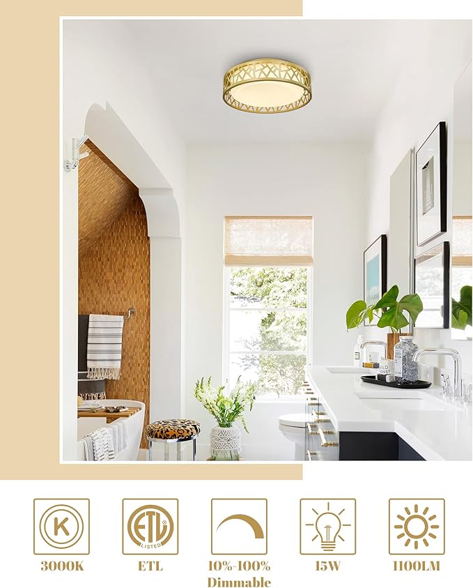 LED Flush Mount Ceiling Light, 12 inch 15W 1100 Lumens Close to Ceiling Light Fixtures, 3000K Warm White, Gold Finish with White Glass Shade, ETL Listed for Kitchen, Hallway, Bedroom