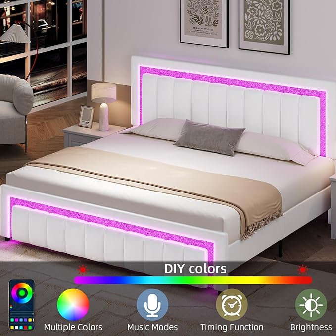 HOMBCK King Size Bed Frame with LED Lights and Velvet Upholstered Headboard, Bed Frame King with Modern Diamond Headboard Adjustable, Wooden Slats Support, Noise Free, No Box Spring Needed, White