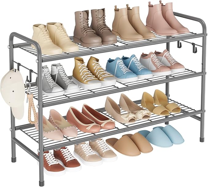 3 Tier Shoe Rack 33" Wide Metal Shoe Organizer Long Shoe Storage with 4 Side Hooks Sturdy Shoes Shelf for Front Door Entrance, Closet, Garage, Dorm, Grey
