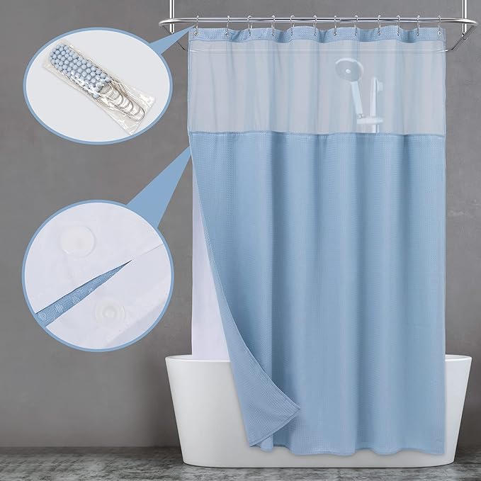 N&Y HOME Extra Long Waffle Weave Shower Curtain with Snap-in Fabric Liner & Hooks Set - 71" x 84", Hotel Style & Mesh Top Window, Machine Washable to Easy Clean - 71x84 Inches, Blue