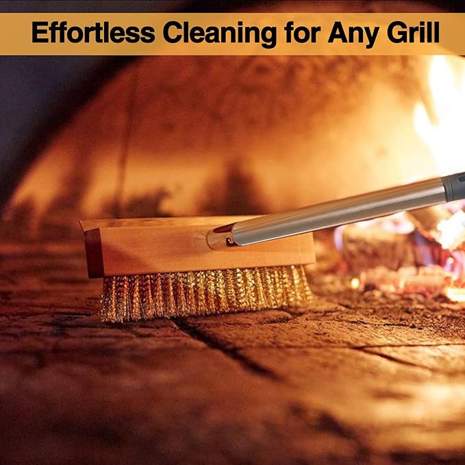 Stainless Steel Pizza Oven Brush, Grill Brush with 4 Sections Detachable Long Rod Design and Scraper, Brass Bristles Pizza Brush for Restaurants, Commercial Cleaning, Kitchens, BBQ Shelf