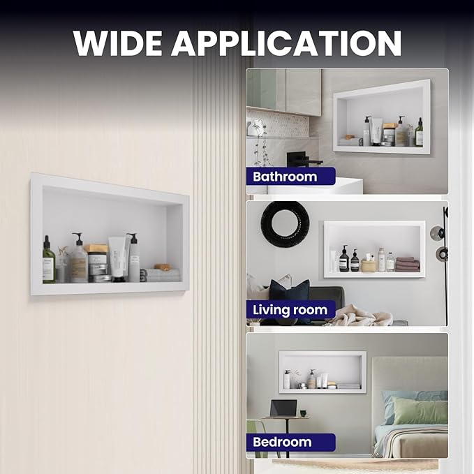 Stainless Steel Shower Niche 12" X 24",Single Shelf Niches Bathroom Shelf Recessed Wall Niche No Tile Needed Shower Shelf for Bathroom Storage (White, 12 x 24)