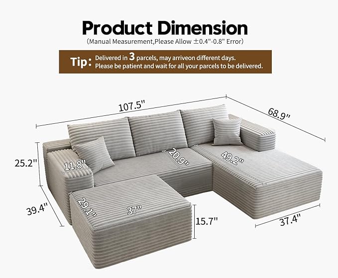 107.5" Cloud Sectional Couch with 1 Ottoman,Modern Modular Sofa with Deep Seat, Comfort U Shaped Sofa Couches for Living Room Bedroom Apartments,No Assembly Required, (Grey,Right Facing Chaise)