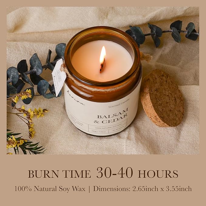 Scented Candle, 7.05 oz Balsam Cedar Aromatherapy Candle, Natural Soy Wax with Wooden Wick, Candles for Home Scented, Stress Relief Amber Jar Candle Gifts