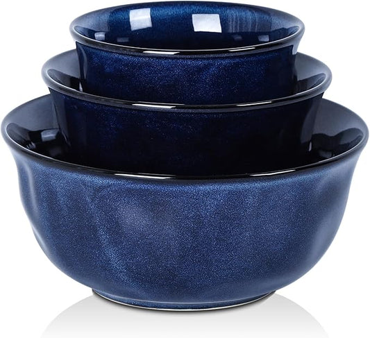 vicrays Ceramic Mixing Serving Bowl Set: Nesting Stoneware Kitchen Decorative Large Bowls for Prepping, Baking – Microwave Oven Dishwasher Safe – 9/7/5.7 inch, Set of 3 (Blue)