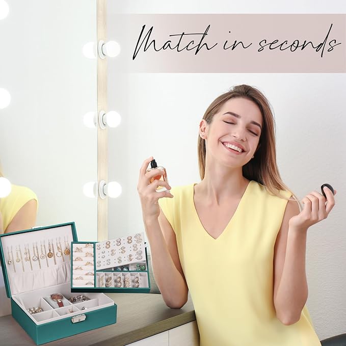 Jewelry Box for Women Girls, 2 Layers Jewelry Organizer Container with Lock, PU Leather Storage Case with Removable Tray, Jewelry Display Box for Necklaces Earrings Bracelets Rings Watches (Green)