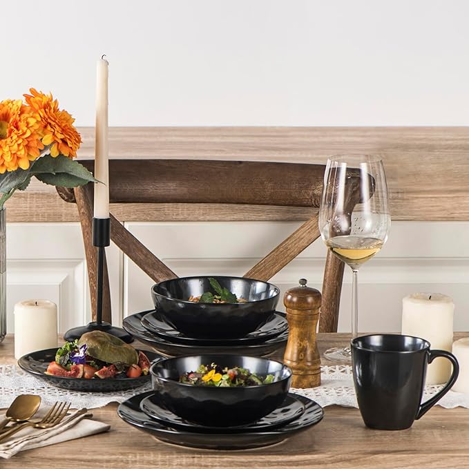 vicrays Ceramic Pasta Bowls Set, 32 Ounce Soup Bowls, Large Salad Bowls, Chip Resistant, Dishwasher Microwave Safe, Fluted stoneware Bowls for Kitchen, Serving Bowls - Set of 6 Black