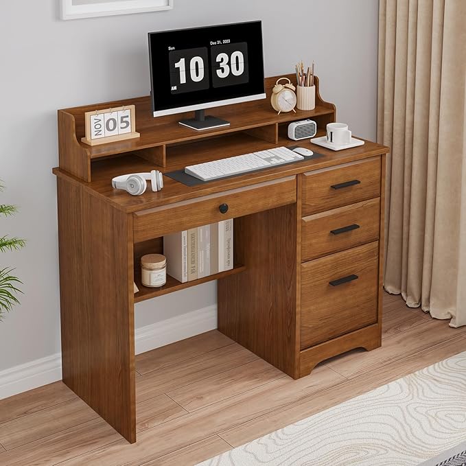 4 EVER WINNER Computer Desk with Drawers for Small Spaces, Home Office Desks with File Cabinet & Monitor Stand, Wood Desk Writing Study Table for Bedroom, Brown