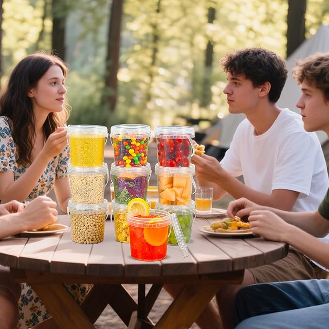 ASEVAT 16 oz 10 Pack Airtight Clear Plastic Bucket with Lid, Ice Buckets for Parties, Reusable Ice Cream cup with Handle, Food Storage Container, Food Grade Freezer and Microwave Safe for Sauce, Soup