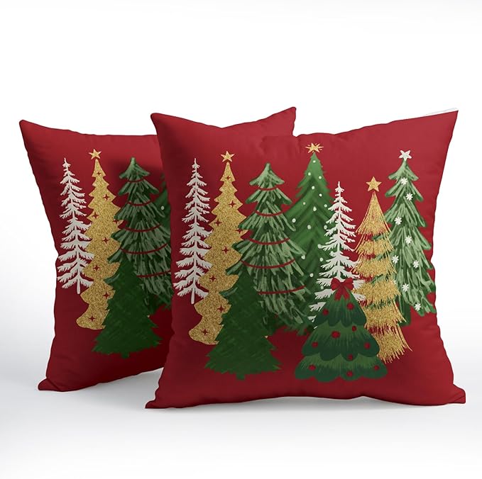 Kawani Christmas Red Decorative Pillow Covers 24x24 Inch Set of 2 Christmas Tree Outdoor Throw Pillow Covers Winter Xmas Holiday Pillowcases Cushion Covers for Home Couch Christmas Decor
