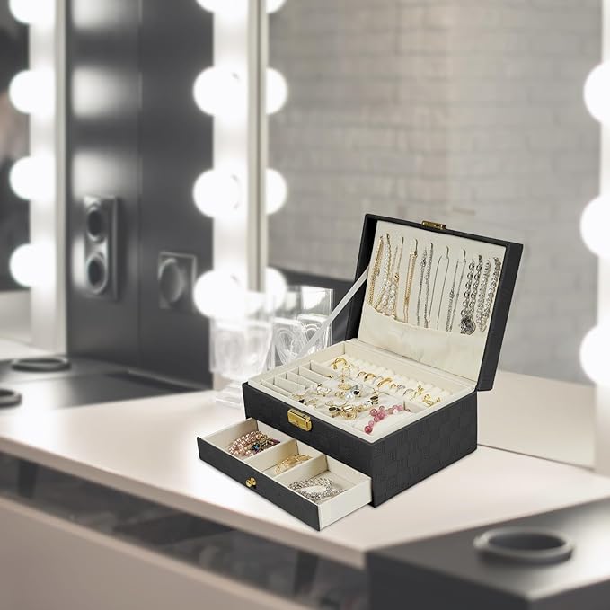 Jewelry Box for Women Girl Wife - Large PU Leather Jewelry Organizer Storage Case with Two Layers Display for Earrings Bracelets Rings Watches (Checkered Black)