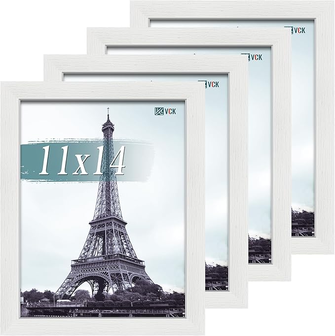 VCK 11x14 Picture Frame Set of 4 - White, Gallery-Quality Wood Poster Frames, 1.1-Inch Wide Border, Polished Plexiglass, Vertical or Horizontal Wall & Tabletop Display for Photo/Art/Prints, White