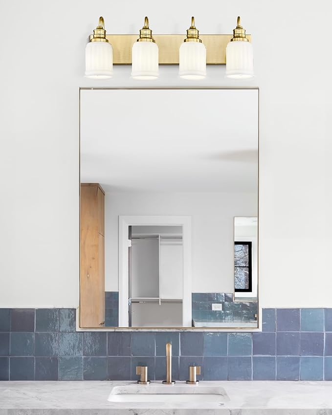 Bathroom Light Fixtures 4-Lights, HWH Brushed Gold Vanity Light Modern Bathroom Vanity Lights Over Mirror, 26'' Antique Brass Vanity Light with Frosted White Bell-Shaped Fluted Glass, 5HZG106B-4W BG