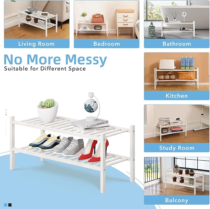 2 Tier Bamboo Shoe Rack Storage Organizer for Closet, Multifunctional Stackable Free Standing Shoe Shelf Organizer for Small Space,Entryway, Hallway, Bathroom27 x11 x13 (White, 2 Tier)