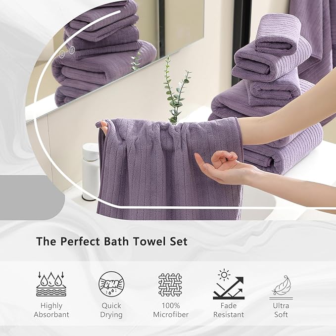 18 Piece Bath Towels Set,Soft Family Bathroom Towel Set with Hanging Loops-6 Bath Towels,6 Hand Towels,6 Washcloths,Highly Absorbent Quick Dry Shower Towel for Bathroom,Hotel,Spa-Purple Towel Set