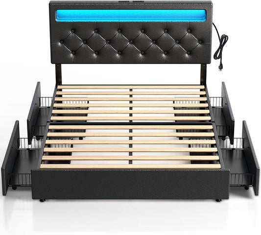 Rolanstar Full Size Bed Frame with LED Lights and USB Ports, Upholstered PU Leather Bed with Adjustable Headboard and 4 Storage Drawers, No Box Spring Needed, Easy Assembly, Black