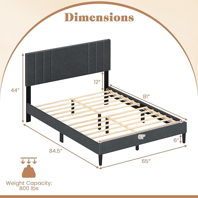 Giantex Queen Platform Bed Frame, Modern Upholstered Bed Frame with Vertical Channel Tufted Headboard, Wooden Slats Support, No Box Spring Needed, Gray