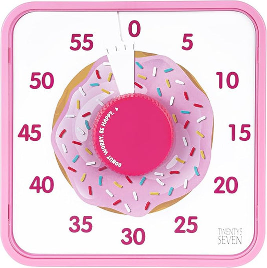 TWENTY5 SEVEN Countdown Timer 7.5 inch, 60 Minute 1 Hour Visual Timer for Classroom Teaching Tool Office Meeting, Mechanical Countdown Clock for Kids Exam Time Management Magnetic, Pink Donut