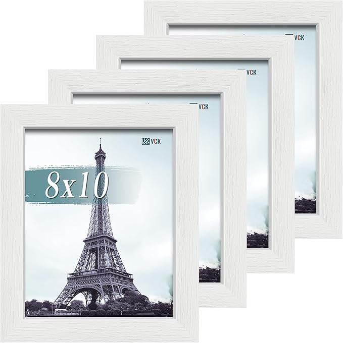 VCK 8x10 Picture Frame Set of 4 - White, Gallery-Quality Wood Poster Frames, 1.1-Inch Wide Border, Polished Plexiglass, Vertical or Horizontal Wall & Tabletop Display for Photo/Art/Prints, White