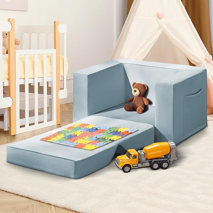 Kids Couch, 2-in-1 Toddler Chair Comfy 1-3 Years, Convertible Kids Chair, Toddler Couch That Fold Out, Kid Lounge Chairs for Boys and Girls, Soft Coral Fleece, Blue