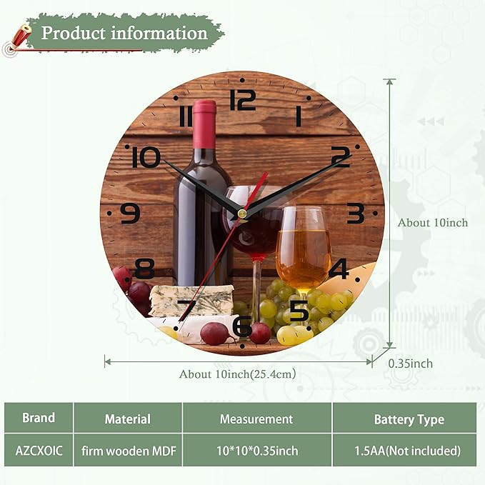 Wall Clocks,Red Wine Wood Wall Clock Decorative,Kitchen Wall Clocks Battery Operated-10 Inch Round Bathroom Wall Clock Silent Non-Ticking