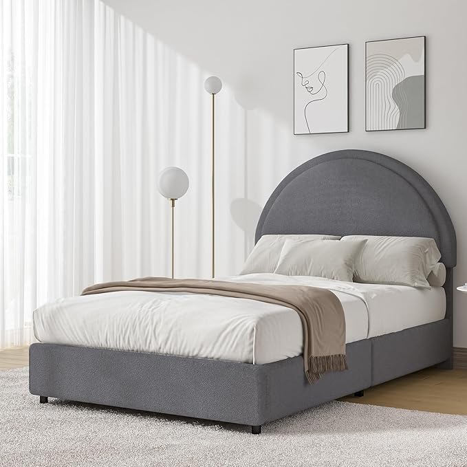 Twin Size Bed Frame, Boucle Upholstered Platform Bed with Headboard, Cloud Bed Frame with Soft Rounded Corners, No Box Spring Required, Easy Assembly, Grey
