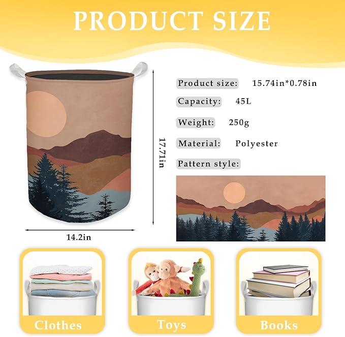 Boho Laundry Basket, Mid Century Modern Boho Sun Forest Mountain Waterproof Collapsible Laundry Hamper Dirty Clothes Storage Toy Bin Organizer for Bathroom Bedroom Nursery Girls Kids Room