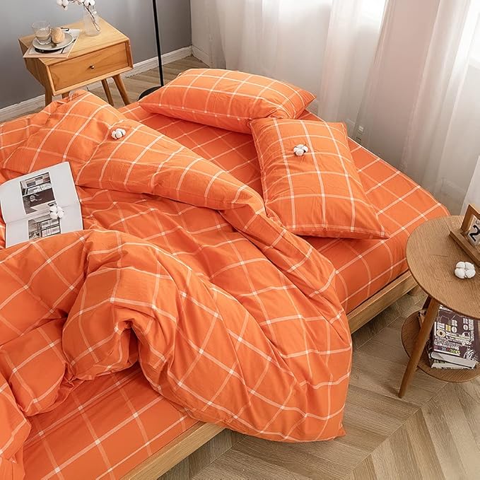 FACE TWO FACE Bedding Duvet Cover Set 3 Pieces 100% Washed Cotton Duvet Cover Linen Like Textured Breathable Durable Soft Comfy (King, Orange Grid)