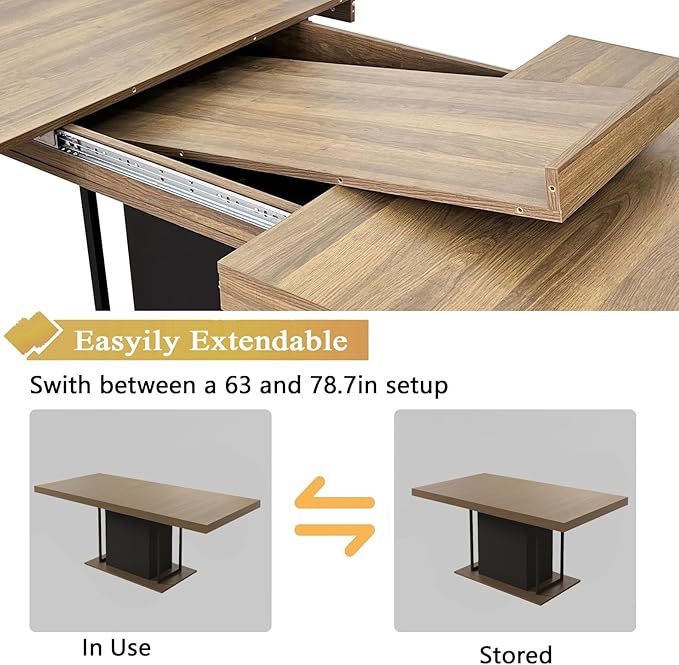 Goujxcy 78.7" Farmhouse Extendable Dining Room Table Set for 6, 7-Piece Rectangle Kitchen Dining Room Table Set with Wood Base and 6 Grey Velvet Dining Chairs, Extending Kitchen & Dining Table Set